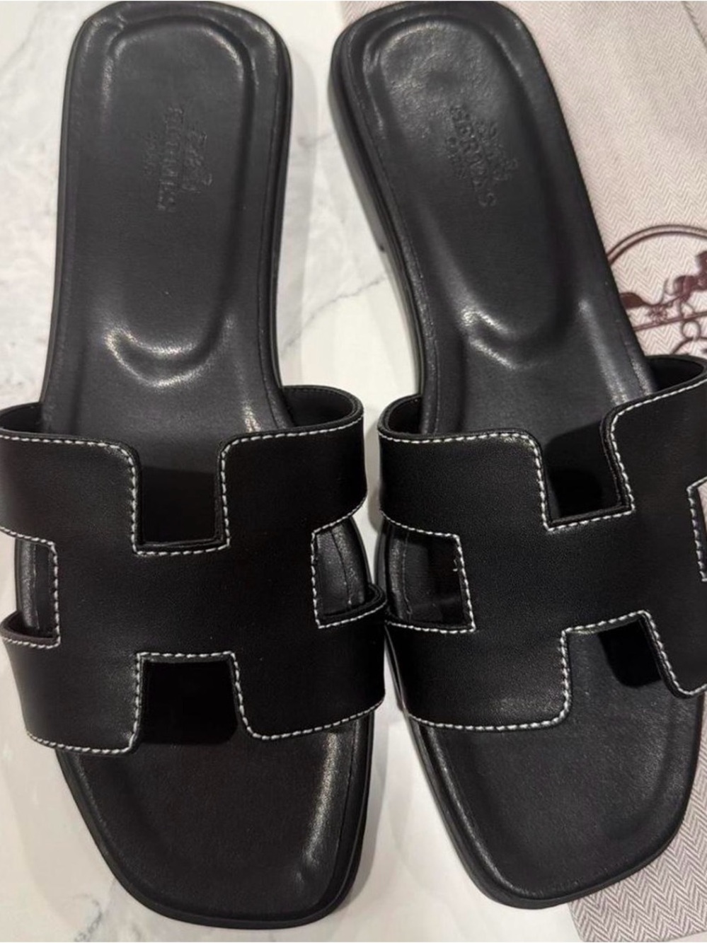 Hermes Black Leather Oran Slide Sandals with White Topstitching